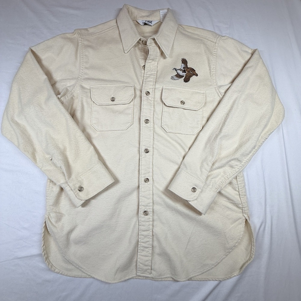 Rare Vintage Woolrich Cream Chamois Button Up Shirt L USA MADE Quail Embroidery